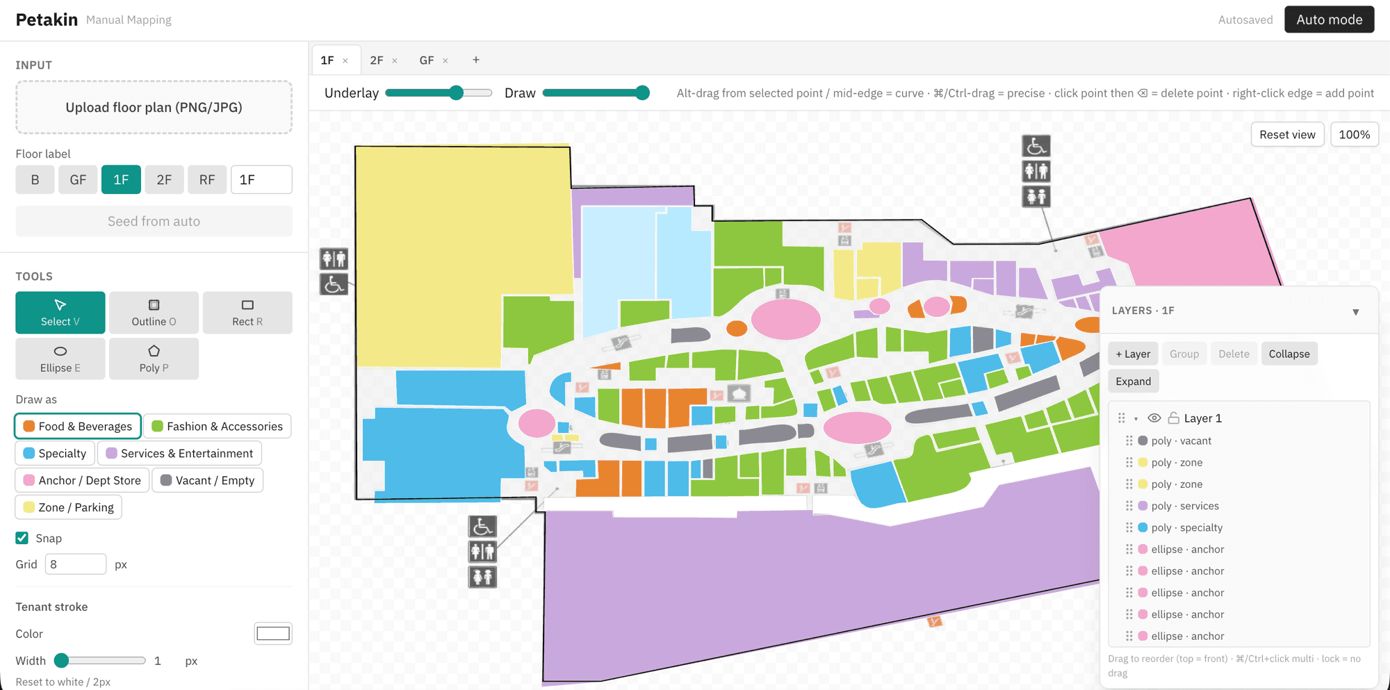Petakin Manual mode editor: a mall floor plan as underlay with store units drawn as color blocks and a layer panel on the right.